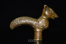 Rare Chinese Retro Bronze Zodiac Rat Cane Walking Stick Head Handle Accessories