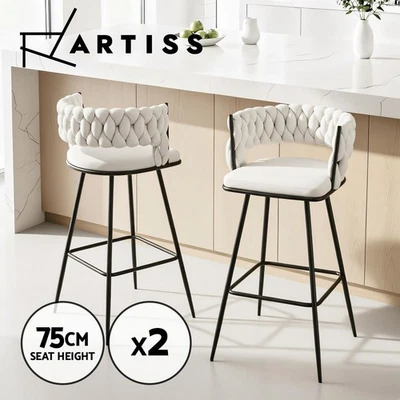 Artiss 2x Bar Stools Kitchen Dining Chair Counter Stool Woven Velvet Metal Ivory - image 1 of 4