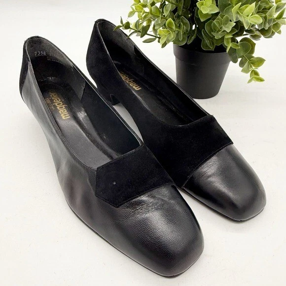 Zapatos de salón California Magdesians de cuero negro punta cuadrada tacón bajo talla 11 ancho Foto 2 de 4
