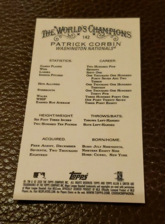 2020 Topps Chrome Allen Ginter 142 Patrick Corbin Mini Card Washington Nationals - Image 2 of 2
