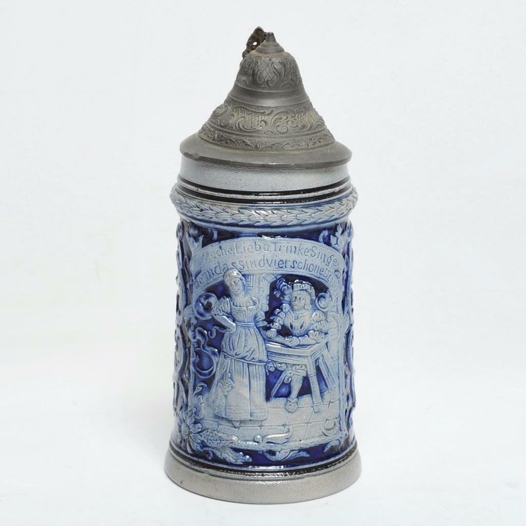 VINTAGE GERMAN SALT GLAZE COBALT BLUE BEER STEIN PEWTER LID, 558