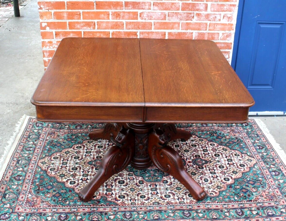 French Antique Tiger Oak Square Kitchen Table | Carved Base Dining Table c.1880 - Image 2 of 4