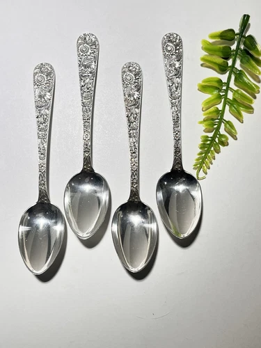 S.Kirk & Son Sterling Silver Set Of 4 Teaspoons Repoussé W/Monograms