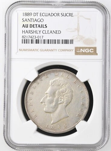 ECUADOR  1 SUCRE 1889  SANTIAGO  KM # 53.2  NGC  AU DETAILS.