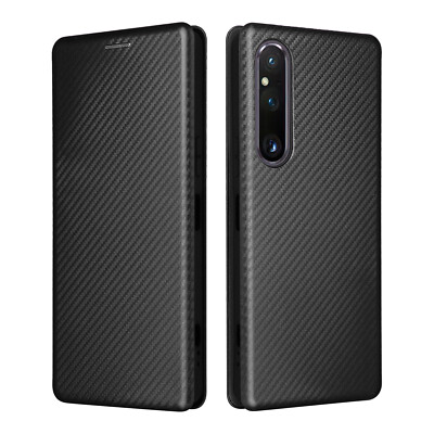 For Sony Xperia 1 V, Shockproof Wallet Carbon Fiber Business Cover Leather Case