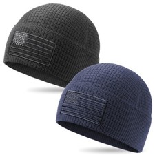 2-pack American Flag Grid Fleece Beanie, Waffle Skull Cap
