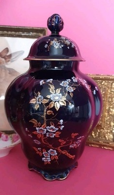 (K40) Lindner Echt Kobalt H 34cm Deckelvase Gold Blumendekor Daniela