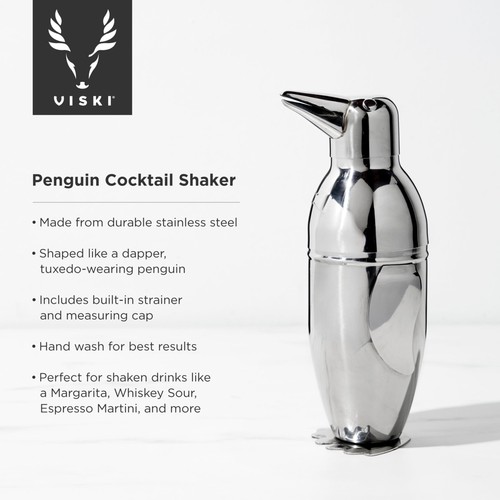Viski Penguin Cocktail Shaker with Strainer, Stainless Steel Cobbler Shaker f... - Picture 2 of 11