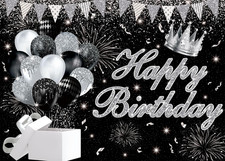 Silver Black Happy Birthday Backdrop 7X5Ft Silver and Black Glitter Birthday
