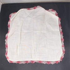 White Pink Cotton Handmade Tatted Lace Trim Collectible Square Handkerchief 12"