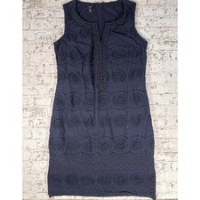 Talbots Petites Navy Blue Eyelet Cotton Shift Dress Crochet Trim 6P Sleeveless