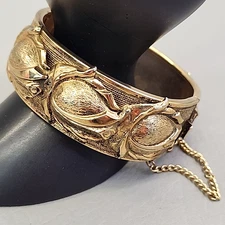 Vintage Hinged Bangle Bracelet Wide 3D Floral Rose Repousse Gold Tone 6.75"