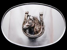 II03125 VINTAGE 1970s  HORSE  HORSESHOE  OVAL SILVERTONE BUCKLE