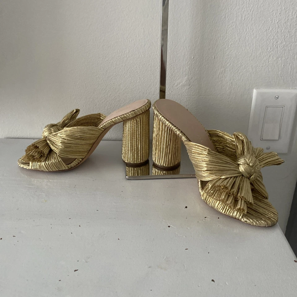 ¡Impresionante! Loeffler Randall Oro Plisado Arco Fiesta Tacones Mules Talla Correr Pequeño   Foto 2 de 4