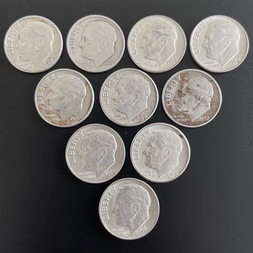Lot of 10 Silver Roosevelt Dimes - Pre-1965 - 90% Silver - FREE SHIPPING!