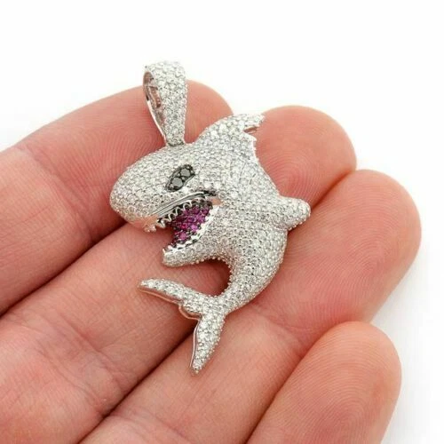2Ct Lab Created Diamond Great White Shark Pendant With Chain 14K