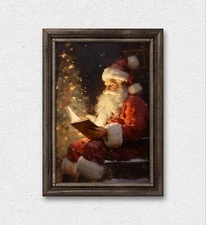 Christmas Wall Art Santa Reading Book Christmas Oil Painting Printable