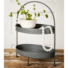 Grey Two Tier Metal Tray Stand Home Decorative Collectible