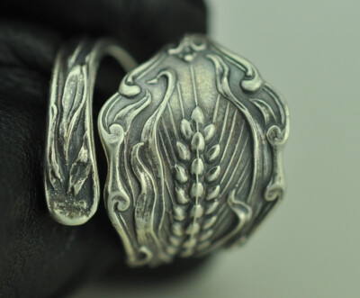 Solid 925 Sterling Silver Wheat Ear Flower Floral Adjustable Spoon Ring