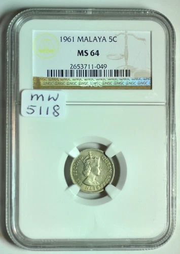 mw5118 Malaya; 5 Cents 1961    Elizabeth II   NGC MS64  KM#1
