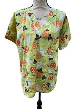 Cassandra O Halloween Fabric Womens Medium Short Sleeve 3 Pocket Scrub Top