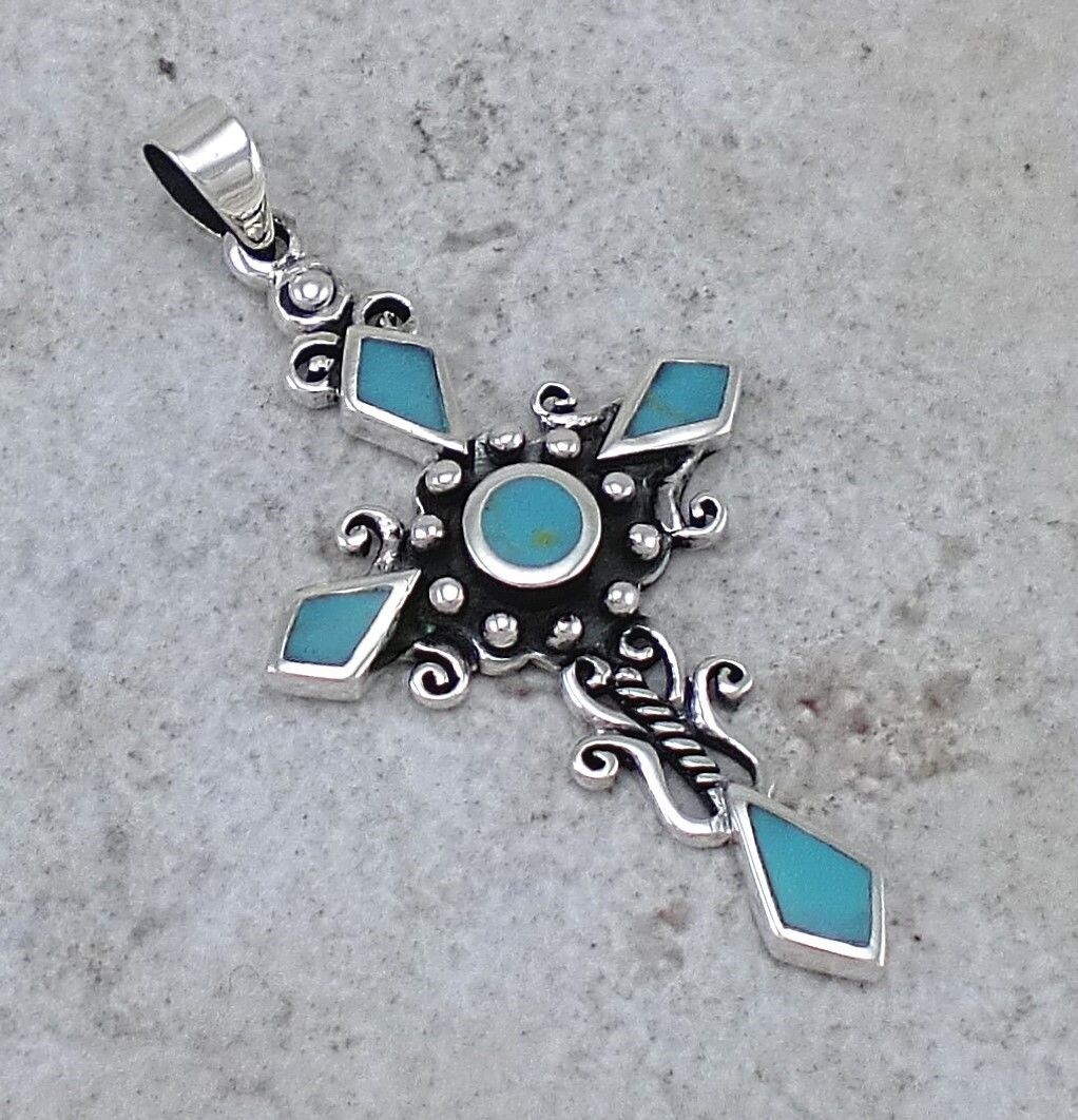 CUTE 925 STERLING SILVER TURQUOISE CROSS PENDANT style# p0901
