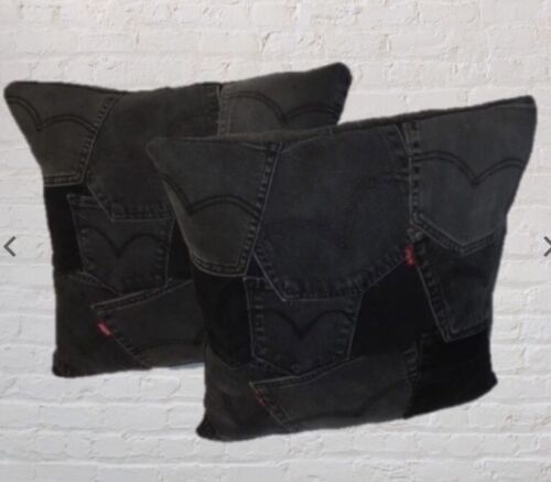 2 x Grey Black Pocket Cushions | Vintage Levi’s Denim Jeans abstract Pillows  - Photo 1/6