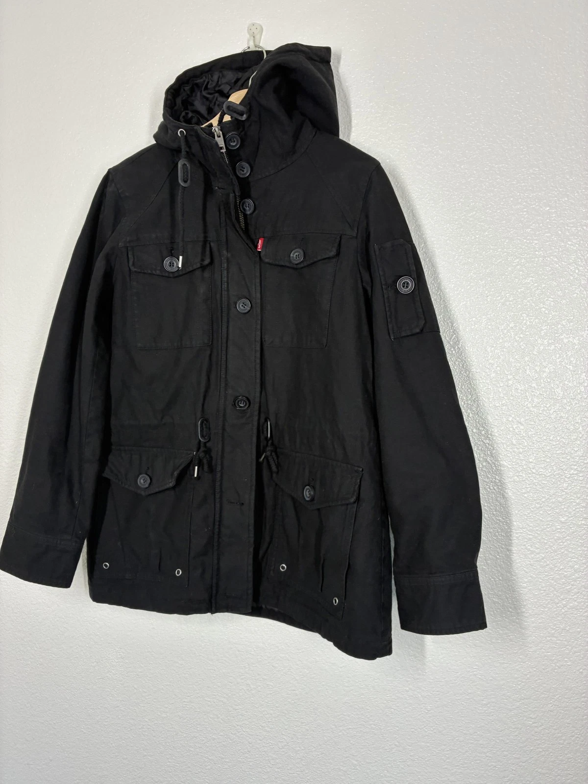 Levi's Jacket Mens Medium Black Canvas Hooded Parka Quilted Lined Utility Winter