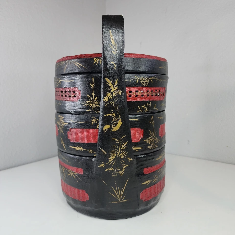 Cesta de boda vintage asiática de laca negra de 3 niveles floral pintada a mano de bambú Foto 3 de 4