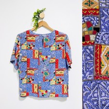 Annie Alexander Vintage 100 Silk Boxy Fit Aztec Artsy Blouse Size MP