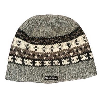 US Sherpa 100% Wool Beanie Hat Made in Nepal Hand Knit Winter Gray Fleece Lined