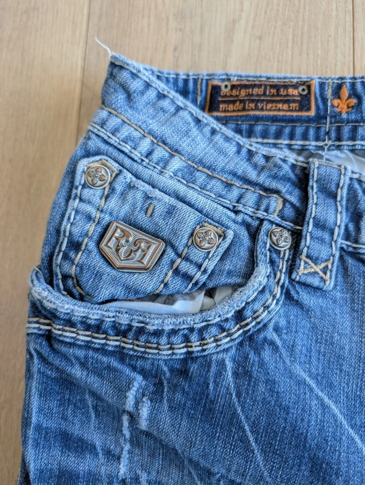 Jeans masculino reto Rock Revival Neruda 34x30 jeans enfeitado desgastado RARO - Imagem 2 de 4