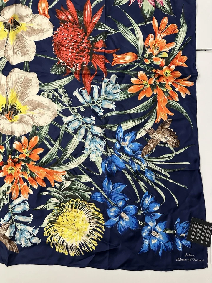 ECHO New York 100% Silk Twill Blooms Of Oceania Scarf NWT $159 Navy Blue 35 x 35 - Image 4 of 4