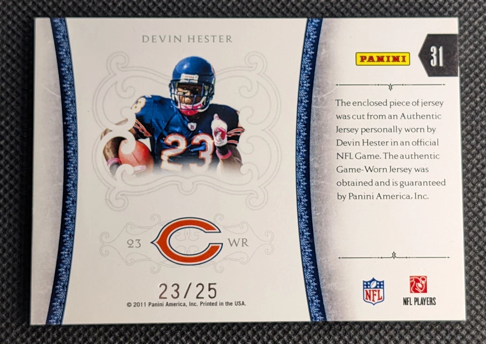 Devin Hester 2010 National Treasures Colossal Materials Prime Jersey Patch 23/25 - Image 2 of 2