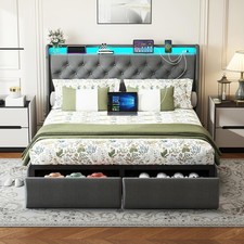 Upholstered Full/Queen Size Bed Frame with Storage Drawers and Charging Station