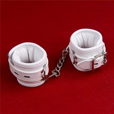 Bondage PU Leather Handcuffs Padded Wrist with Hard Metal Leash Chain Restraint