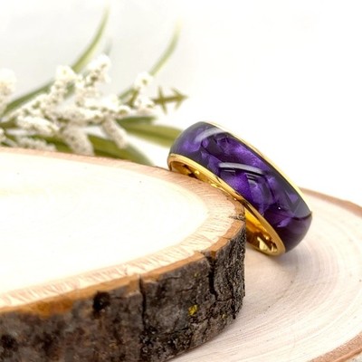 8mm Purple Tungsten Ring Unisex Gold Plated Band with Vibrant Purple Swirl Inlay