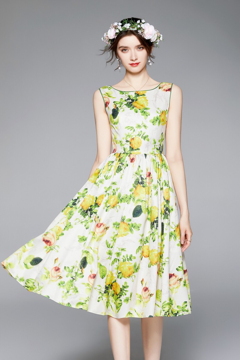 Women Summer Floral Print Boat Neck Sleeveless Causal Party Pleated Midi  Dress