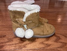 Girls Wonder Nation Brown Fabric Ankle Boots Fur Lined With Pom Poms Size 11