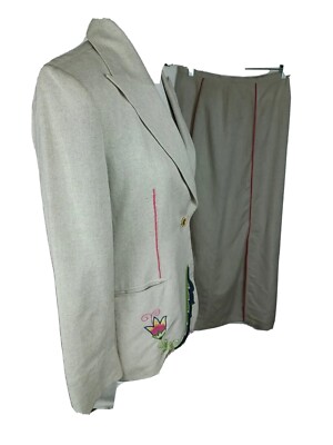Harve Benard Wms Sz 8 Biege Color Embroidered Linen Blend Skirt Suit S64