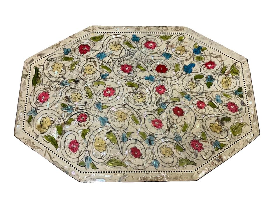 Handmade Wooden End Table Carving Wood Table Home Decor Mother of Pearl Inlay - Image 3 of 4