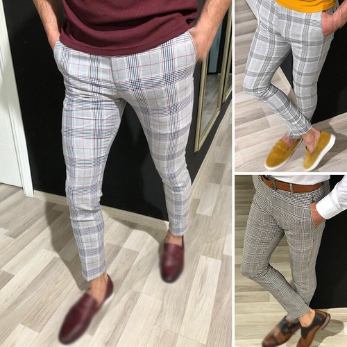 Pantaloni Da Uomo Con Stampa Scozzese Cerniera A Mezza Altezza Casual Slim  Fit | eBay