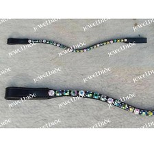 Multi Color Crystal Rainbow Wave Black Leather Browband For Horse Tack In 4Sizes
