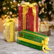 VINGLI Lighted Gift Boxes Set of 3, Pre-Lit Nestable Present Boxes Ornament