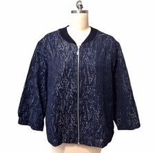 Marla Wynn Layers Zip Jacquard Jacket Blue Boxy Artsy 3/4 Sleeve Women’s Sz Xl