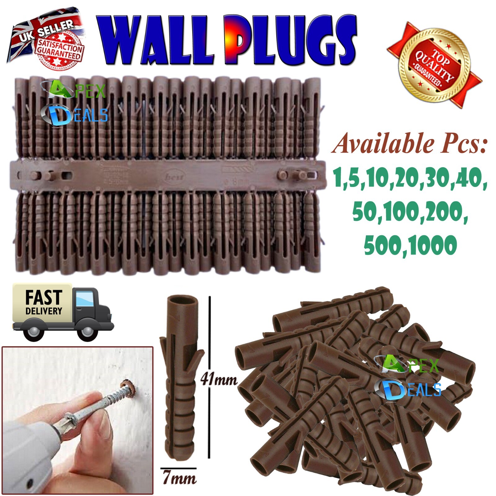 7mm Wall Plugs Screw Fixing Brick Work Raw Heavy Duty Concrete 20/50