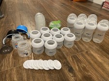 17 Philips AVENT Natural Baby Bottles Clear 4oz/9oz w- Lids, Caps, Rings, Etc
