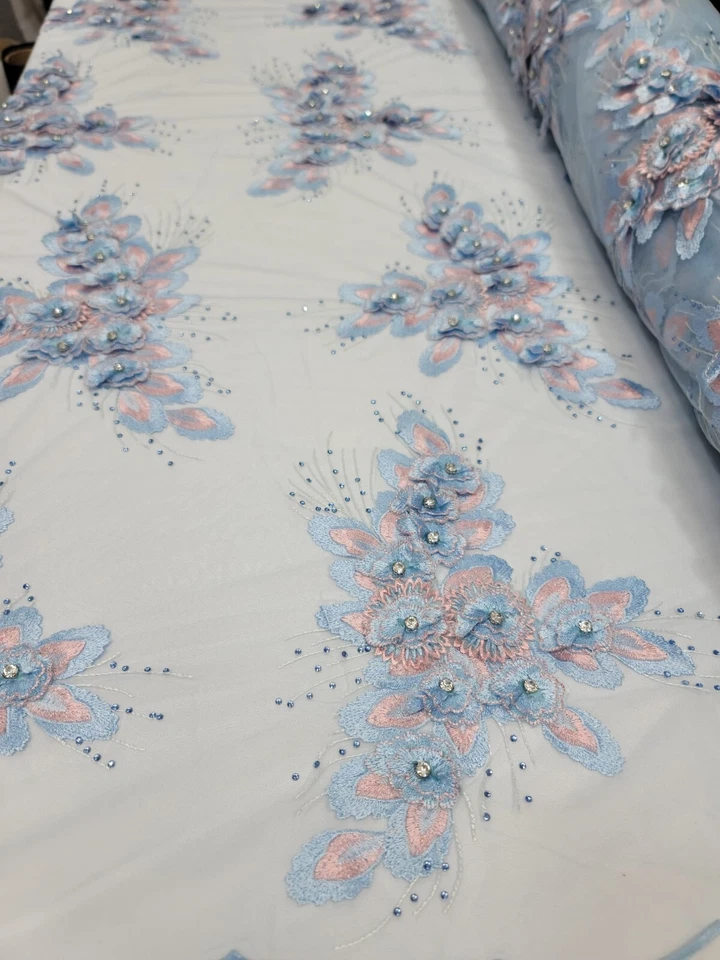 天蓝色 3d 蕾丝面料按码 3d 花卉水钻网眼舞会花边 — 第 2/4 张图片