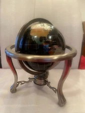 Black Onyx Gemstone Globe w/ Brushed Nickel 3 Legged Stand. 14" Tall x 12" wide