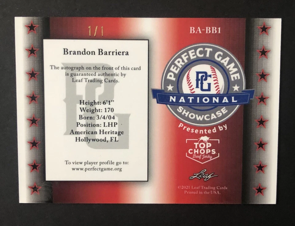 2021 Leaf - (Brandon Barriera) PINK MARBLE Auto #1/1 (Perfect Game) Blue Jays - Image 2 of 2
